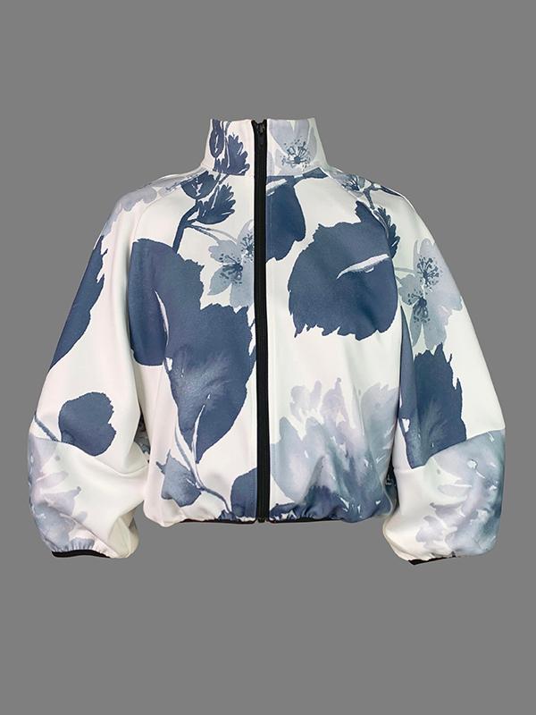 Loose Puff Sleeves Floral Printed Stand Collar Jackets Outerwear Product Image