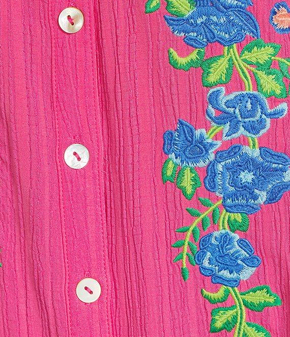 Calessa Petite Size Embroidered Split V-Neck 3/4 Sleeve Shirttail Hem Button Front Tunic Product Image