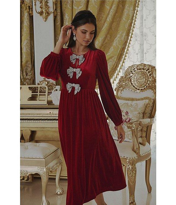 Sugarlips Jena Glow Velvet Crew Neck Long Sleeve Rhinestone Bow Midi Dress Product Image