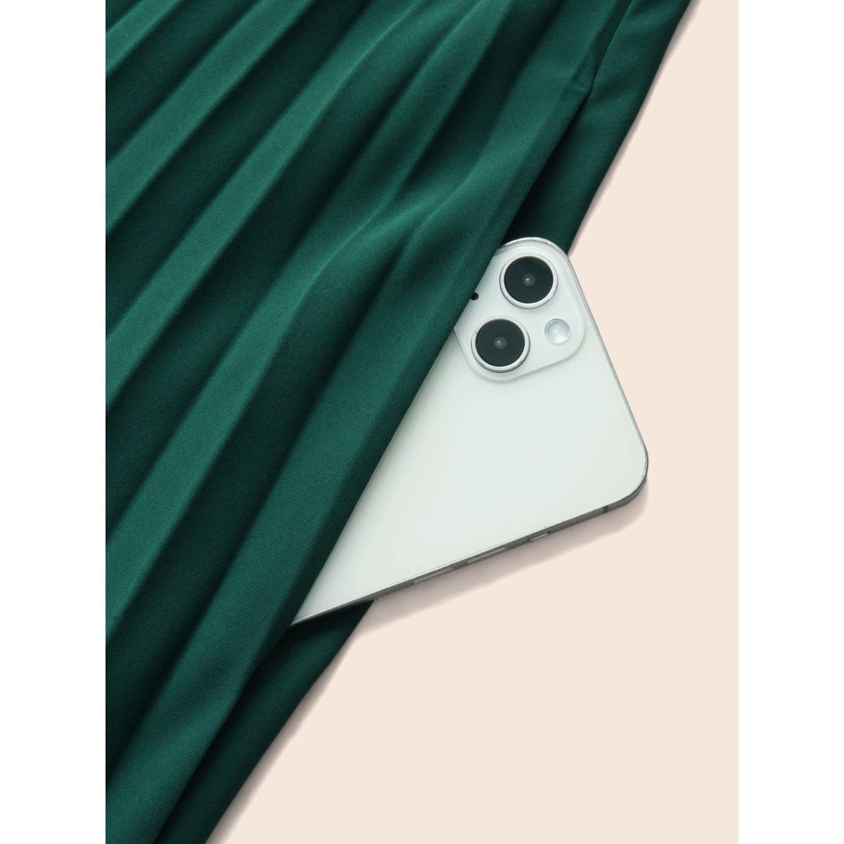 Plus Size Suit Collar Pleated Belted Midi Dress DarkGreen Women At the Office Belted Suit Collar Long Sleeve Curvy BloomChic 12/L Product Image