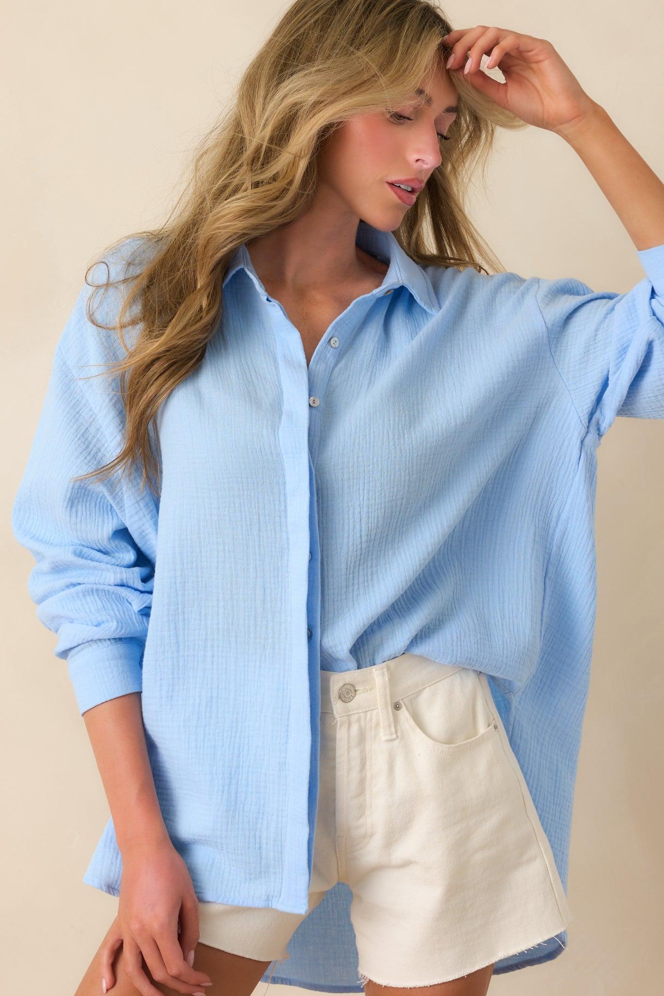 Paradisa Naples Oceana Blue Cotton Button-Up Top Product Image