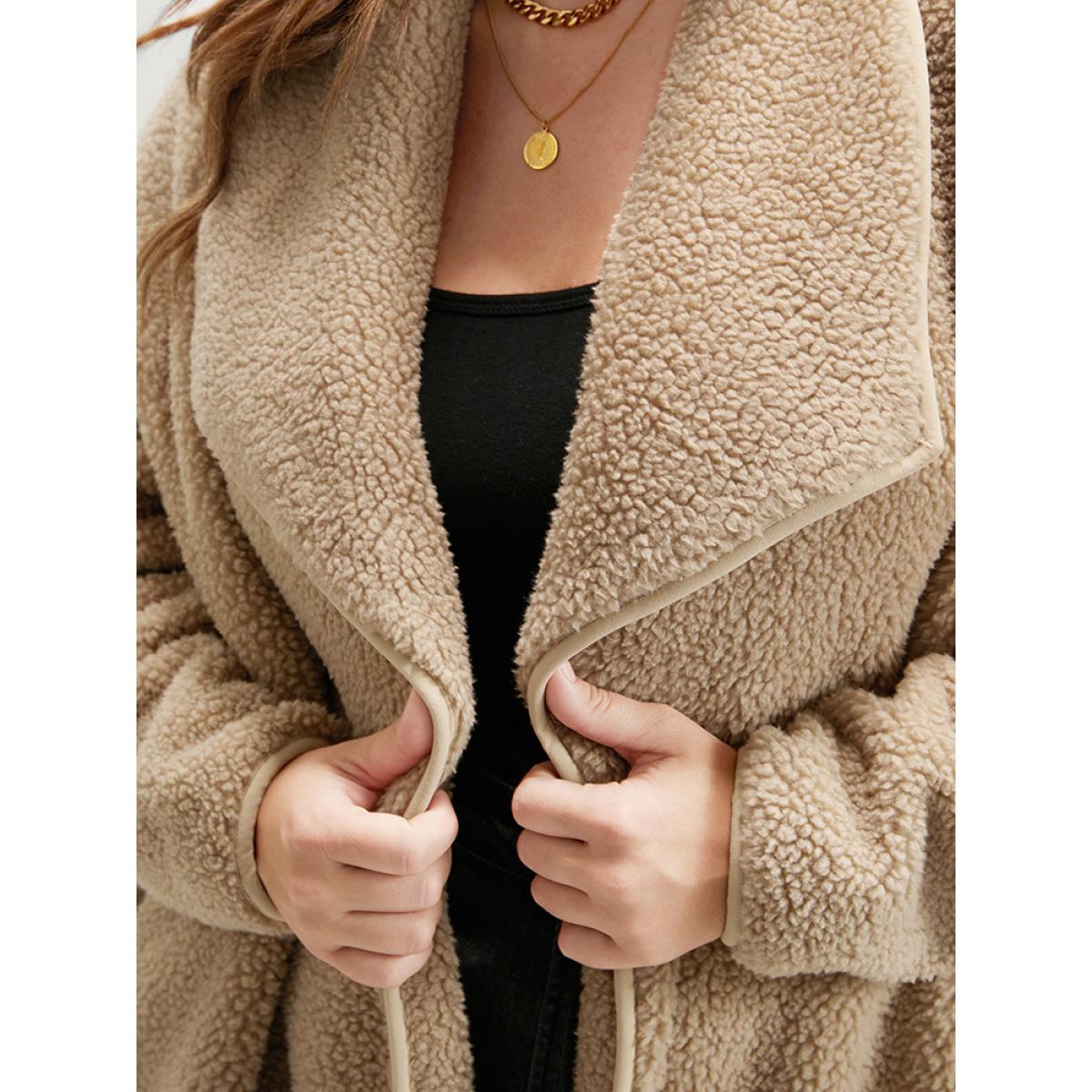 Plus Size Solid Pocket Open Front Teddy Coat Women LightBrown Casual Plain Loose Ladies Dailywear Winter Coats BloomChic 14-16/1X Product Image