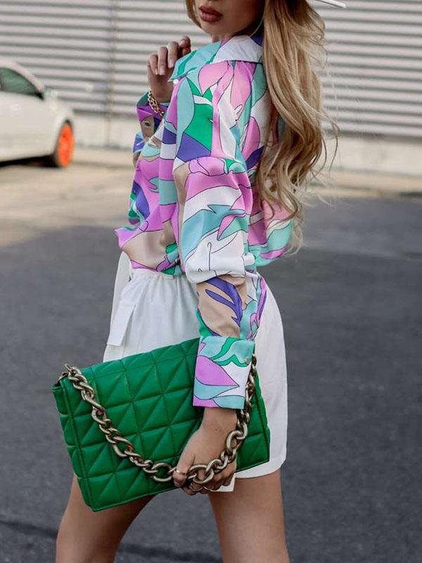 Long Sleeves Loose Contrast Color Printed Lapel Blouses Product Image