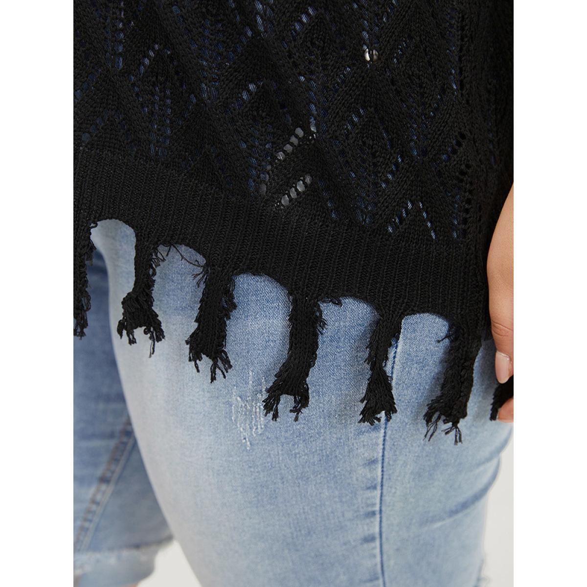 Plus Size Plain Geometric Eyelet Patchwork Tassels Batwing Sleeve Pullover Black Women Casual Loose Short sleeve V-neck Dailywear Pullovers BloomChic 12/L Product Image