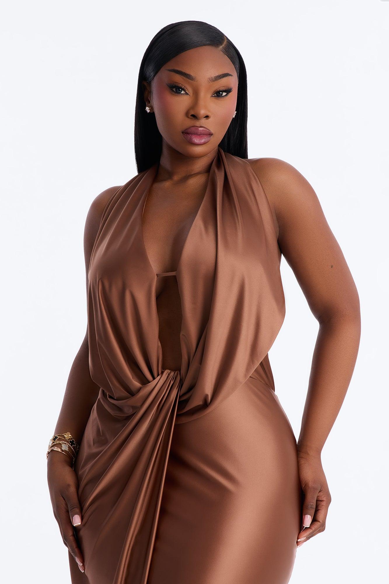 Gloria Draped Satin Gown - Mocha Female Product Image