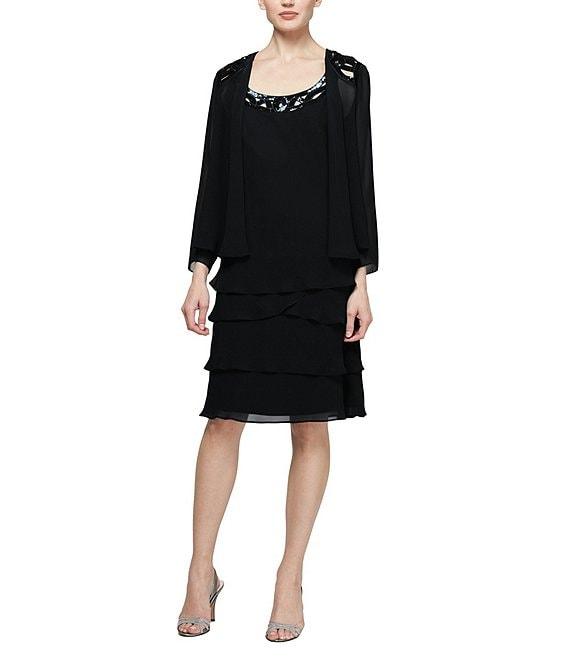 Ignite Evenings Petite Size Sequin Trim Scoop Neck Long Sleeve Tiered Jacket Dress Product Image