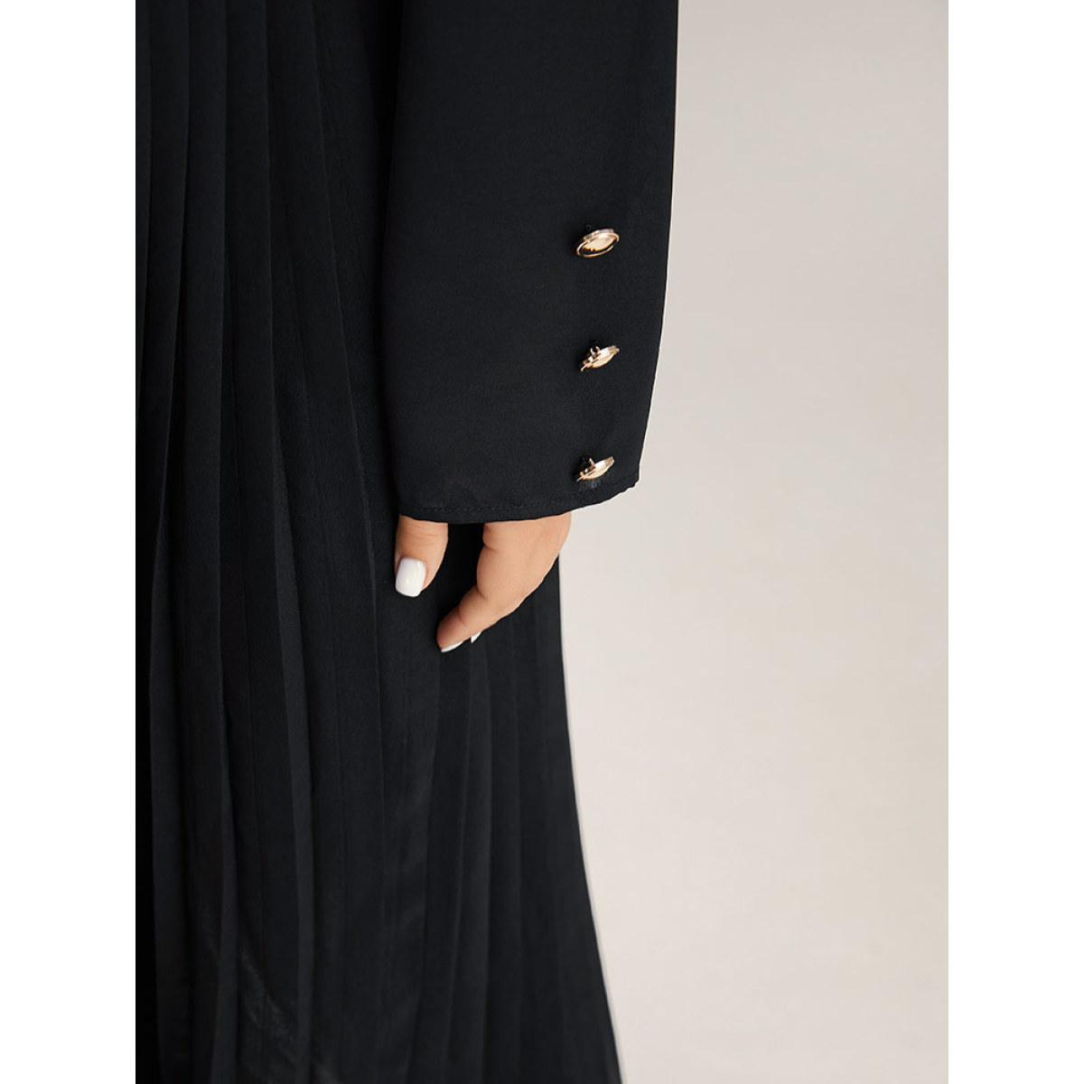 Plus Size Solid Shirt Collar Pleated Metal Detail Dress Black Women Office Plain Shirt collar Long Sleeve Curvy Midi Dress BloomChic 14-16/1X Product Image