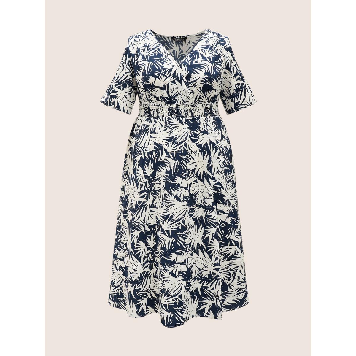 Plus Size Tropical Print Overlap Collar Shirred Cut Out Dress DarkBlue Women Resort Overlapping Overlap Collar Short sleeve Curvy Midi Dress BloomChic 30/6X Product Image
