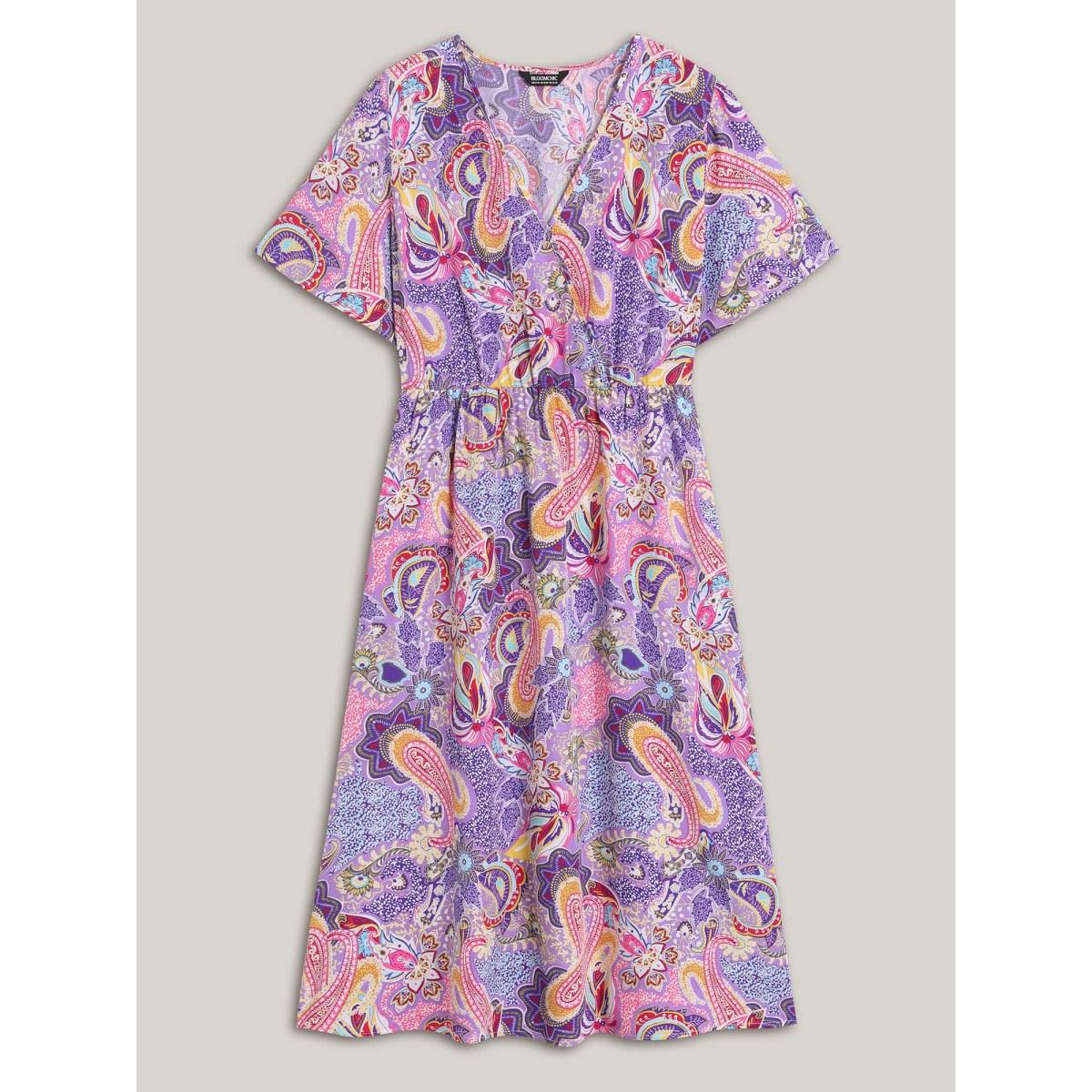 Plus Size Sweet Paisley Print Pockets Stretchy Midi Dress Mauve Women Overlap Collar Short sleeve Curvy BloomChic 26/4X Product Image