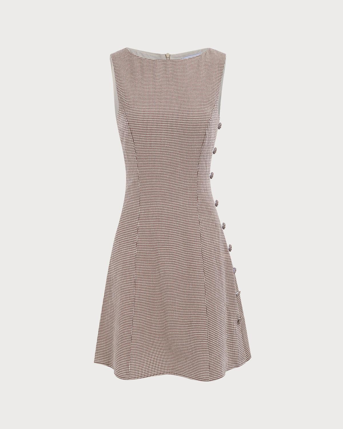 Women's Boat Neck Brown Plaid Mini Dress Female Product Image