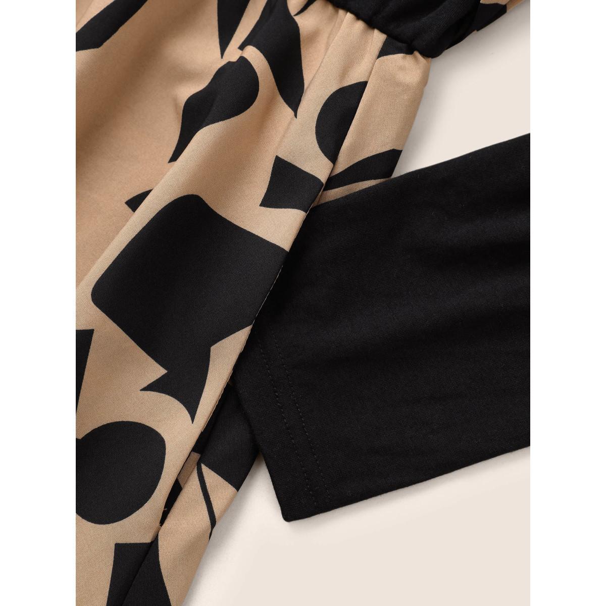 Plus Size Geometric Contrast Patchwork Asymmetrical Neck Belted Dress Black Women At the Office Non Asymmetrical Neck Long Sleeve Curvy Midi Dress BloomChic 12/L Product Image