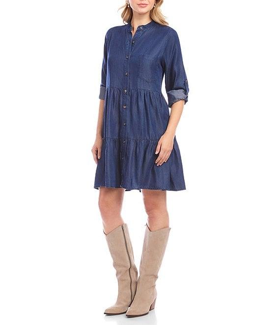 Karen Kane Chambray Roll Tab Sleeve Tiered Shirtdress Product Image