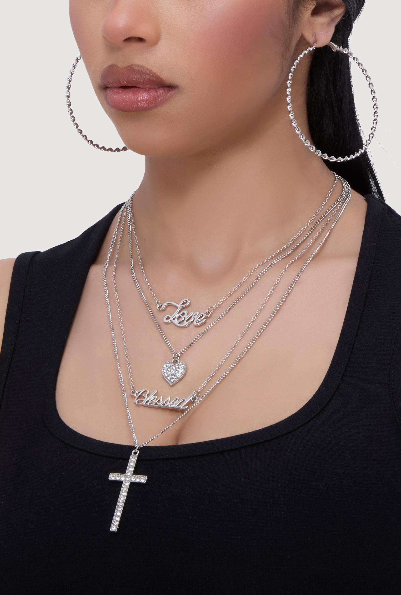 Cubic Zirconia Heart Charm Layered Necklace with Hoop Earring Trio Unisex Product Image