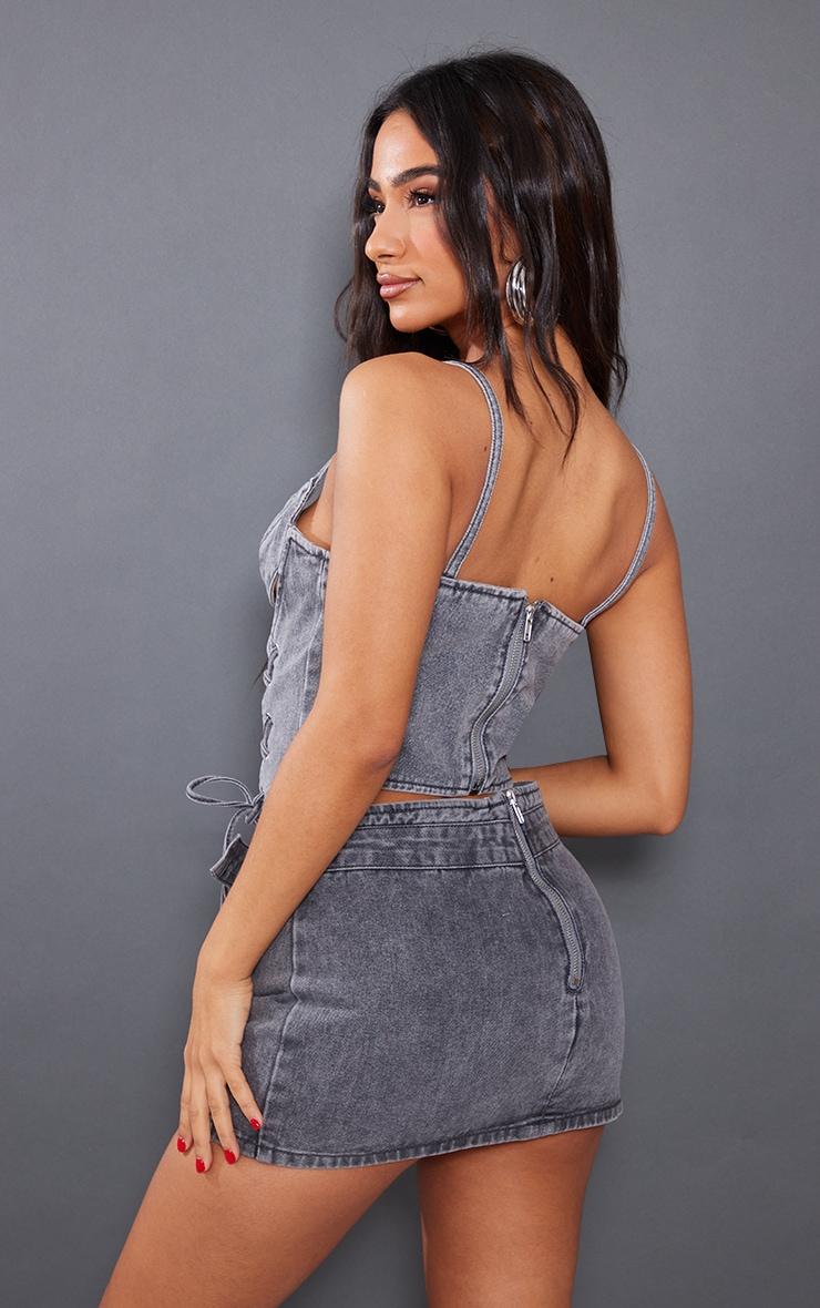 Petite Grey Acid Wash Denim Lace Up Corset Product Image
