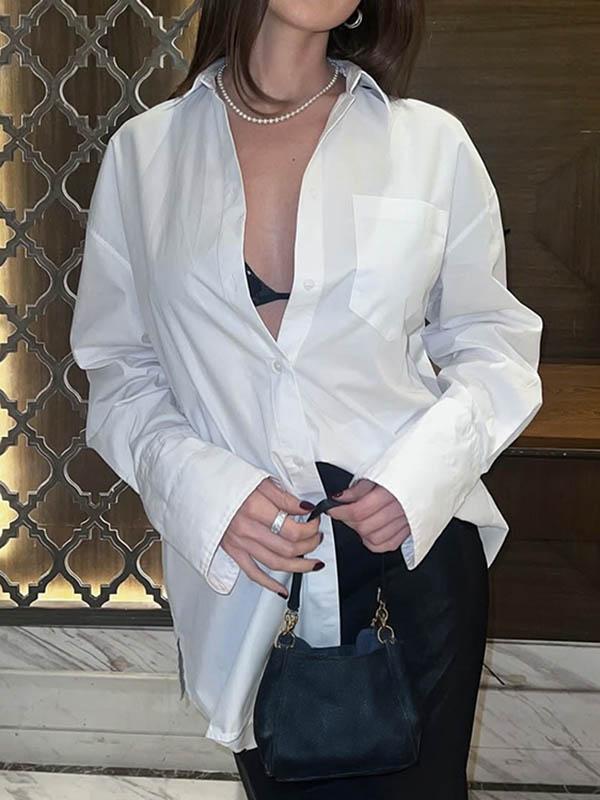 Long Sleeves Loose Buttoned Pockets Solid Color Lapel Blouses&Shirts Tops Product Image