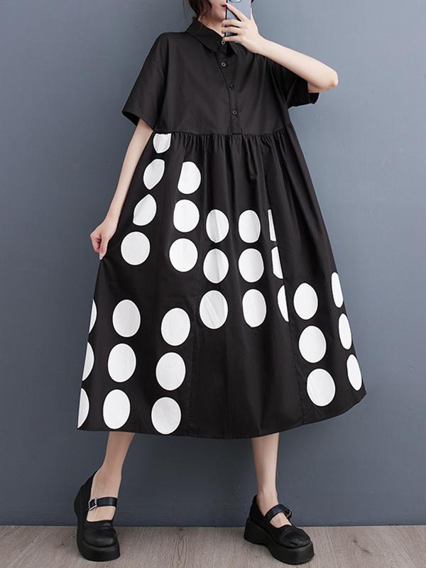 A-Line Loose Buttoned Pockets Polka Dot Printed Lapel Midi Dresses Product Image