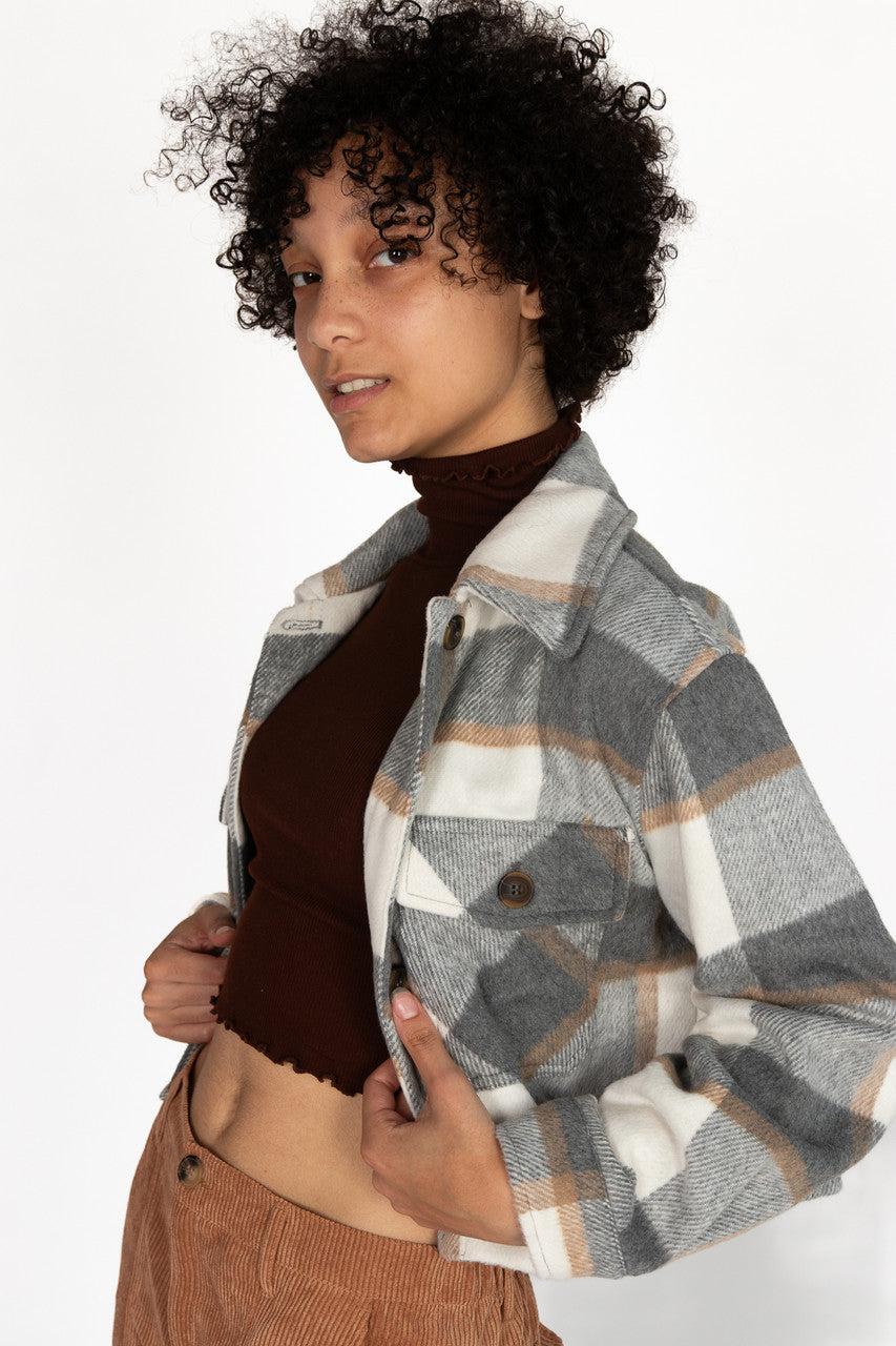 Greige Brushed Plaid Shacket Product Image