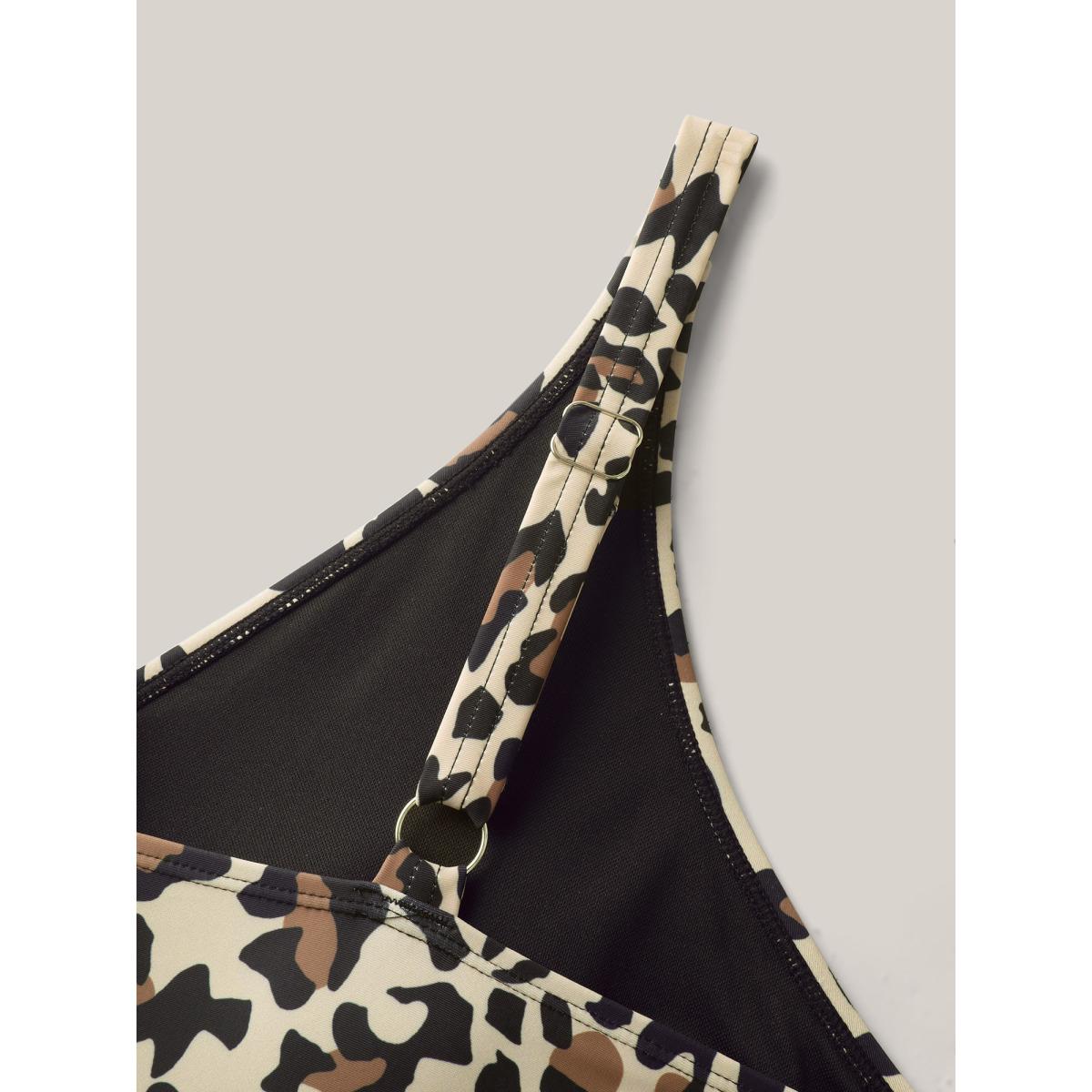 Plus Size Leopard Print Color Block Swim Dress Women's Swimwear LightBrown Resort Bodycon Overlap Collar High stretch Curve Swim Dresses BloomChic 26/4X Product Image