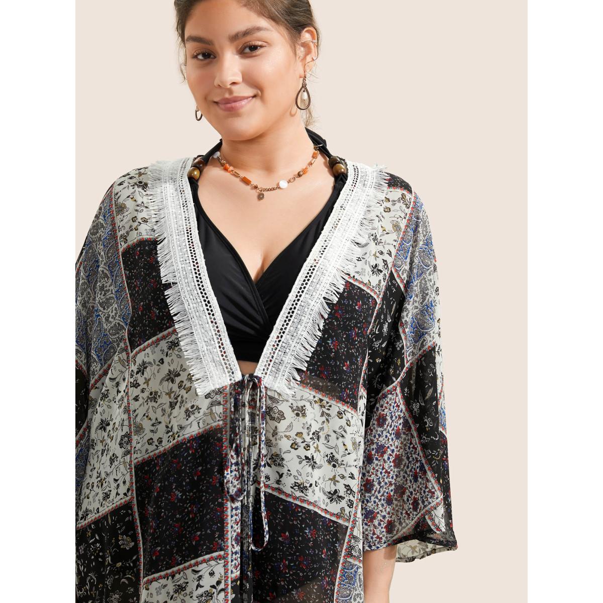 Plus Size Bandana Lace Panel Ties Patchwork Mesh Kimono Women BlackFlower Resort Woven ribbon&lace trim Vacation Kimonos BloomChic 14-16/1X Product Image