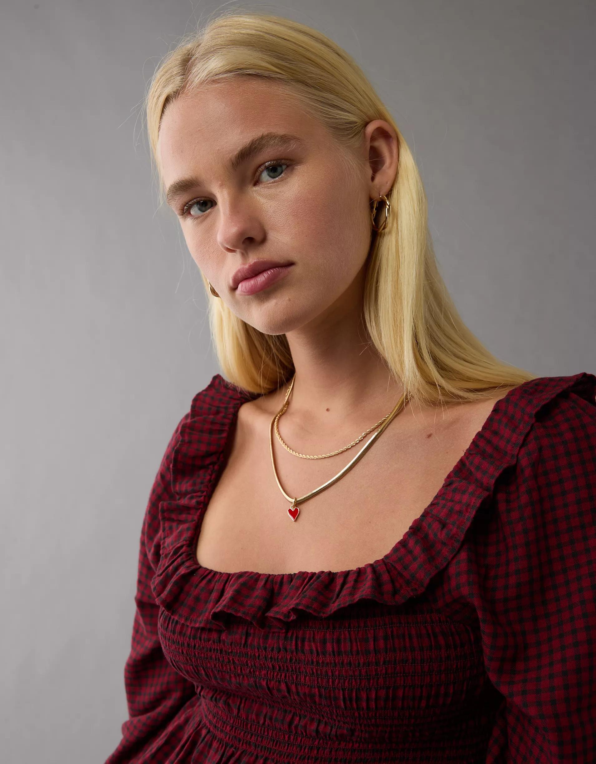 AE Long-Sleeve Smocked Ruffle Plaid Top Product Image