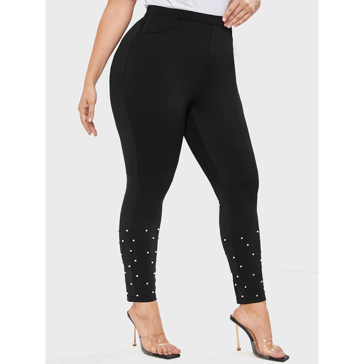 Plus Size Solid Pocket Beaded Hem Leggings Women Black Party Low stretch Skinny High Rise Going out Leggings BloomChic 28/5X Product Image