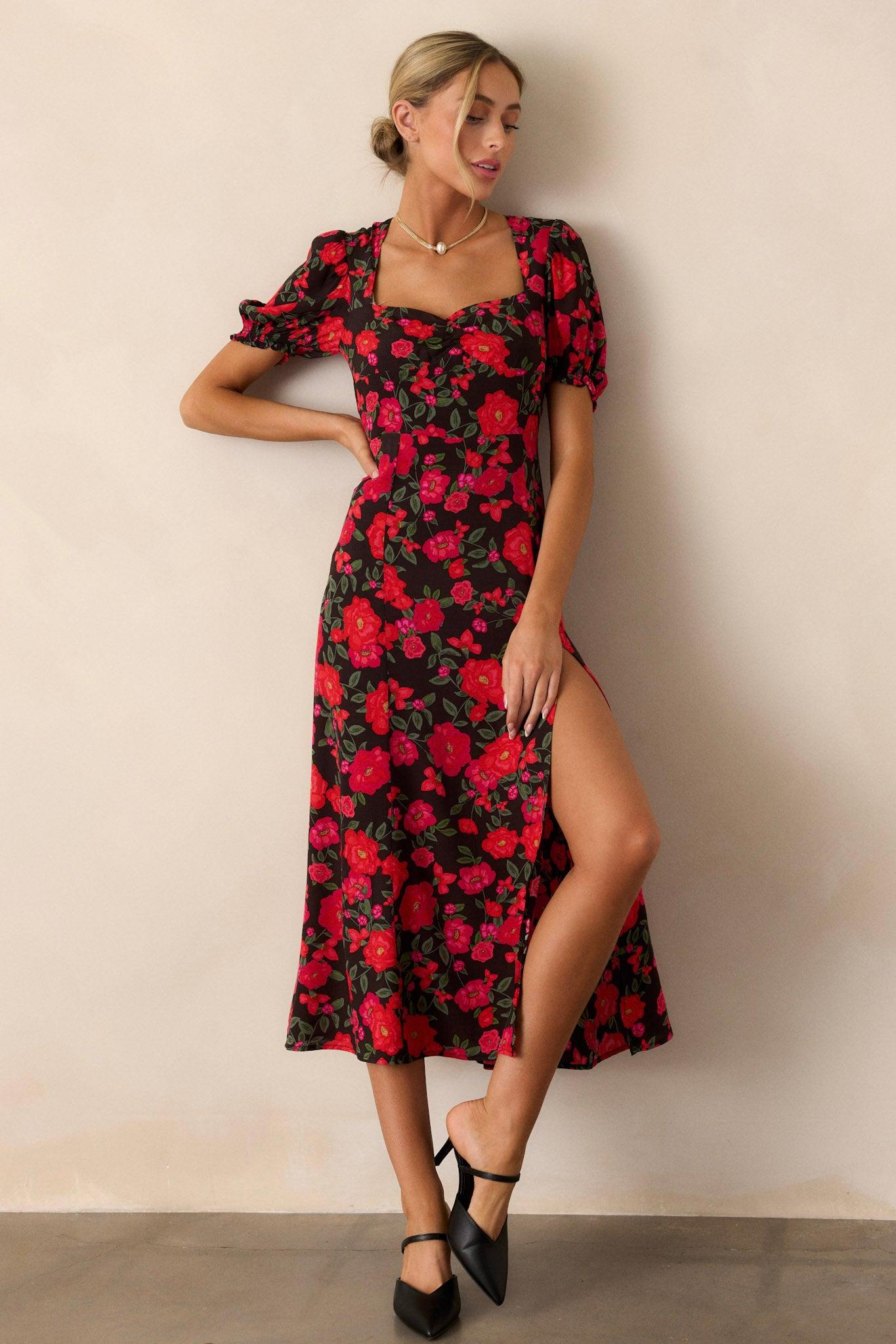 All Eyes On You Red Floral Puff Sleeve Midi Dress Product Image