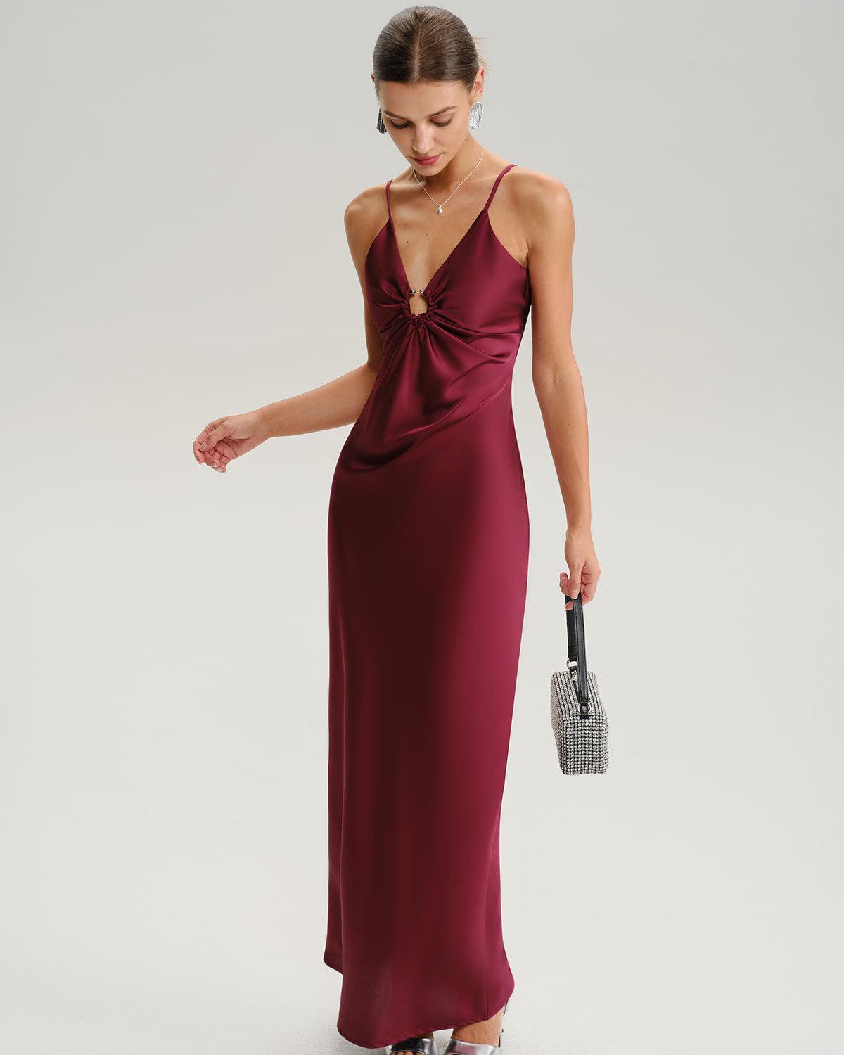 Wine Red Ruched V Neck Slip Maxi Dress Product Image