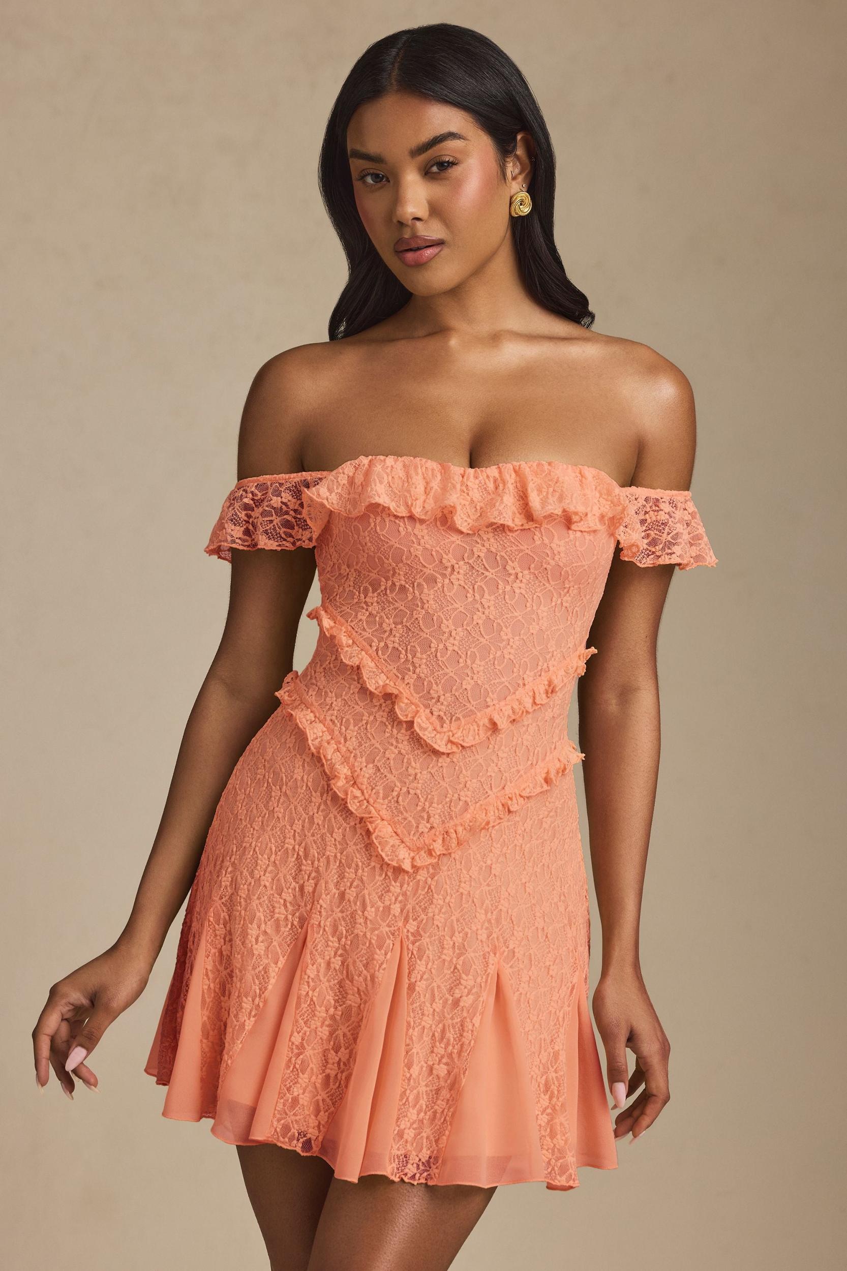 Off-Shoulder Lace A-Line Mini Dress in Peach Product Image