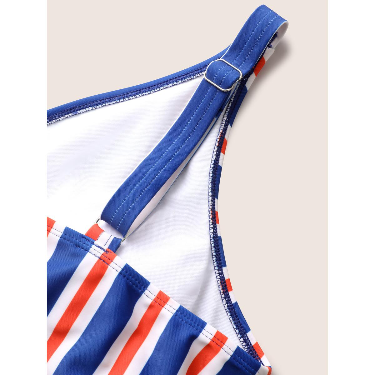 Plus Size Overlap Collar Contrast Striped Tie knot One Piece Swimsuit Women's Swimwear Navy Beach Tie knot Curve Bathing Suits High stretch One Pieces BloomChic 10/M Product Image