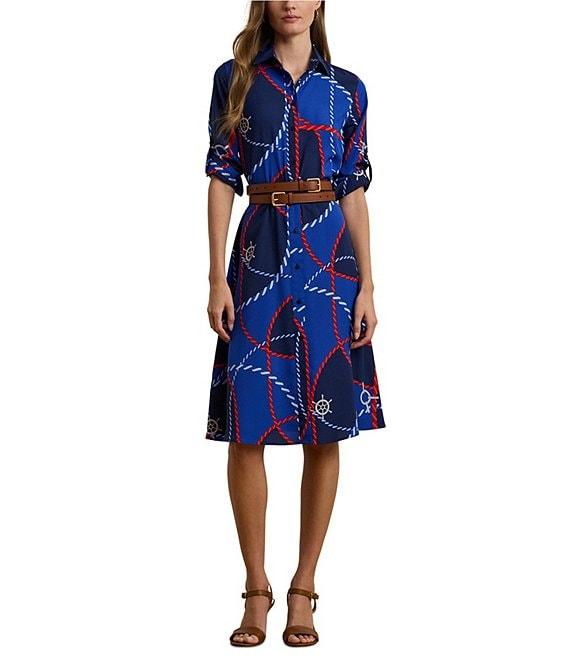 Lauren Ralph Lauren Crepe De Chine Rope Print Point Collar Long Sleeve Button Front Fit-And-Flare Shirtdress Product Image