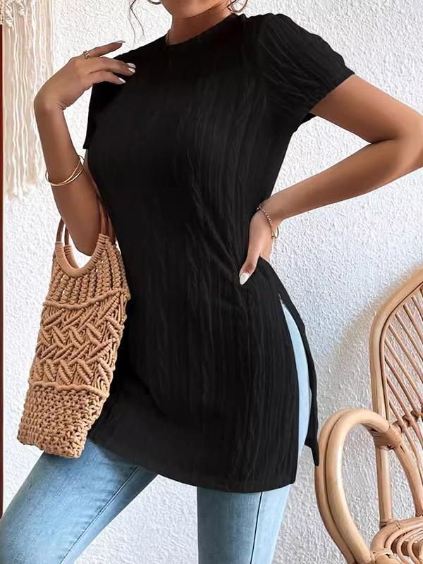 Short Sleeves Pleated Solid Color Split-Joint Split-Side Round-Neck T-Shirts Product Image