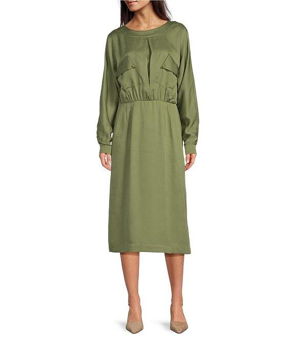 Le' AL.X Woven Boat Neck Long Dolman Blouson Sleeve Keyhole Pleat Sheath Midi Dress Product Image