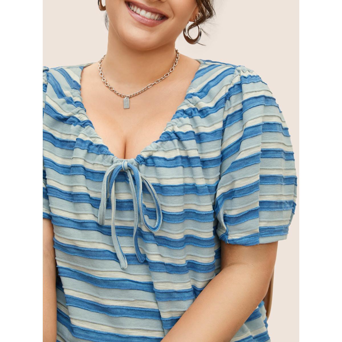 Plus Size V Neck Textured Striped Tie Knot T-shirt Skyblue Women Casual Texture V-neck Everyday T-shirts BloomChic 28/5X Product Image