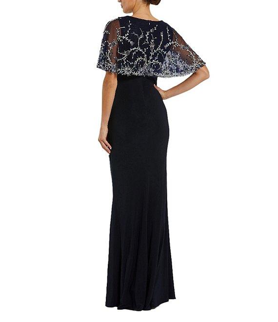 Mac Duggal Beaded Jersey Knit High Neck Shawl Mermaid Gown Product Image