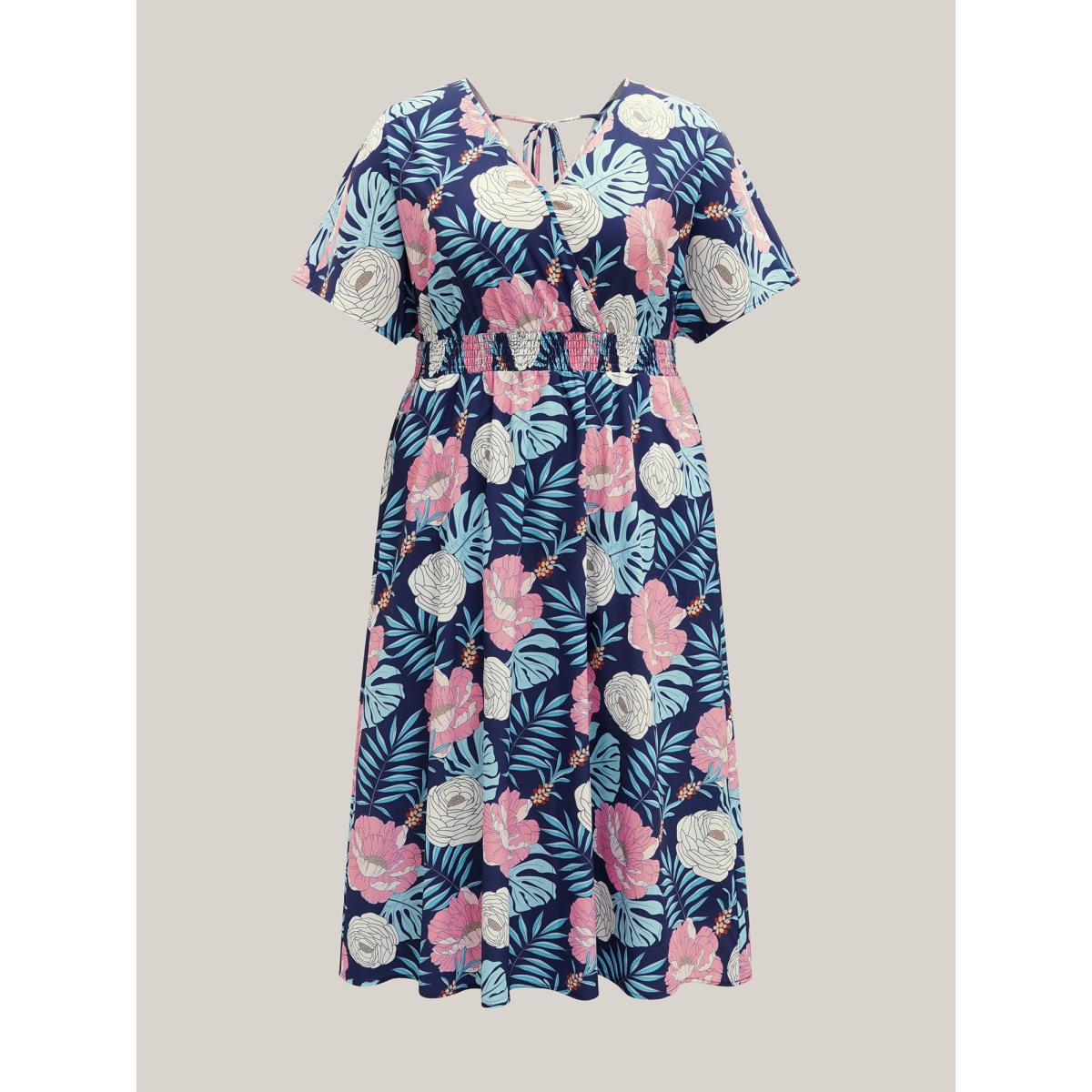 Plus Size Tropical Print Back-Tie Shirred Midi Dress DarkBlue Women Overlap Collar Short sleeve Curvy BloomChic 12/L Product Image