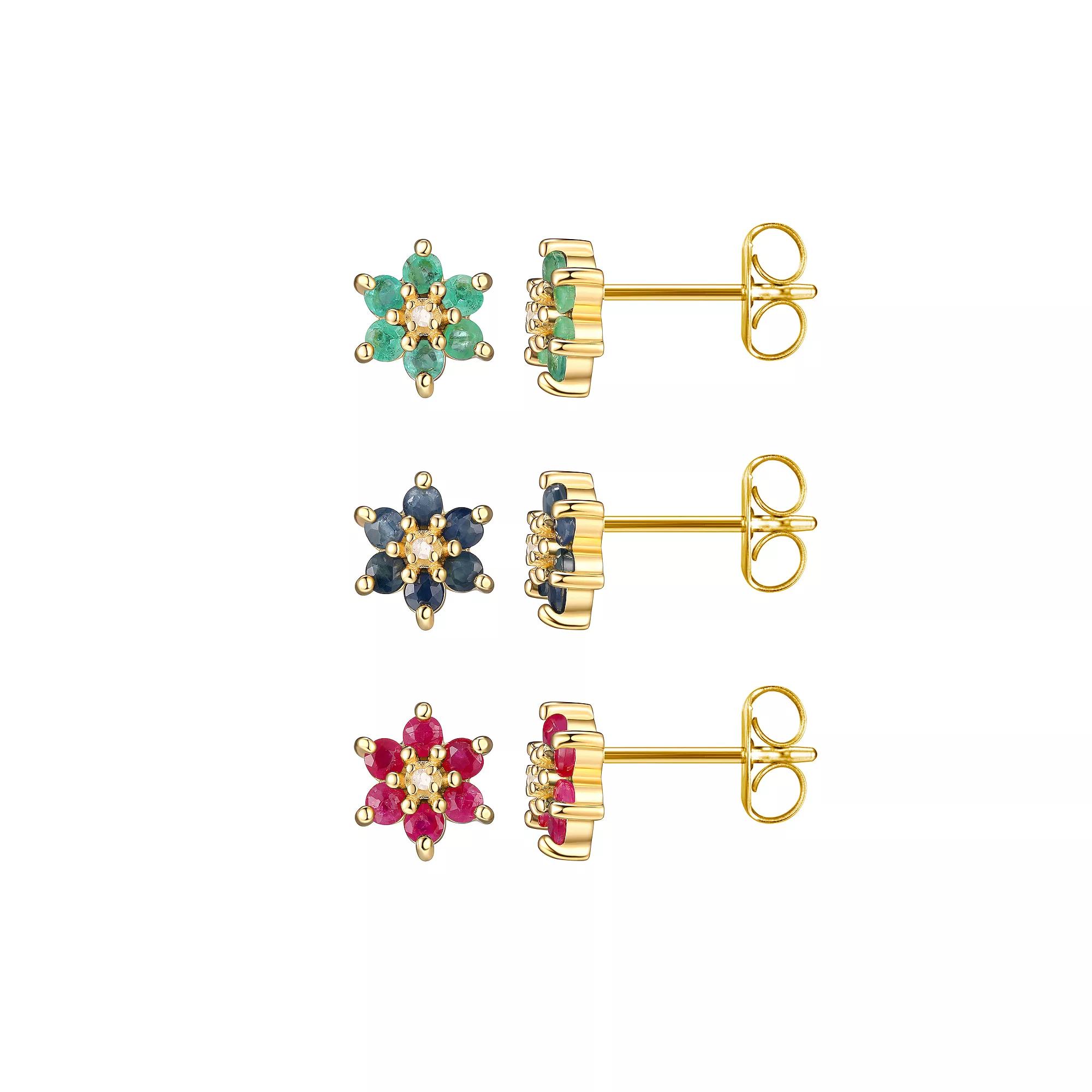 18k Gold Over Silver Ruby, Sapphire, Emerald & Diamond Accent Flower Stud Earring Trio Set, Womens, 18k Two Tone Product Image