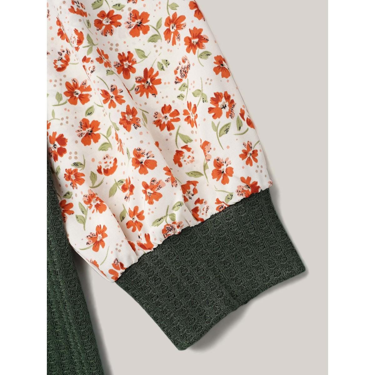 Plus Size Color-Block Printed Raglan Sleeve Waffle Knit T-Shirt ArmyGreen Women Elegant Texture Natural Flowers Round Neck Everyday T-shirts BloomChic 28/5X Product Image