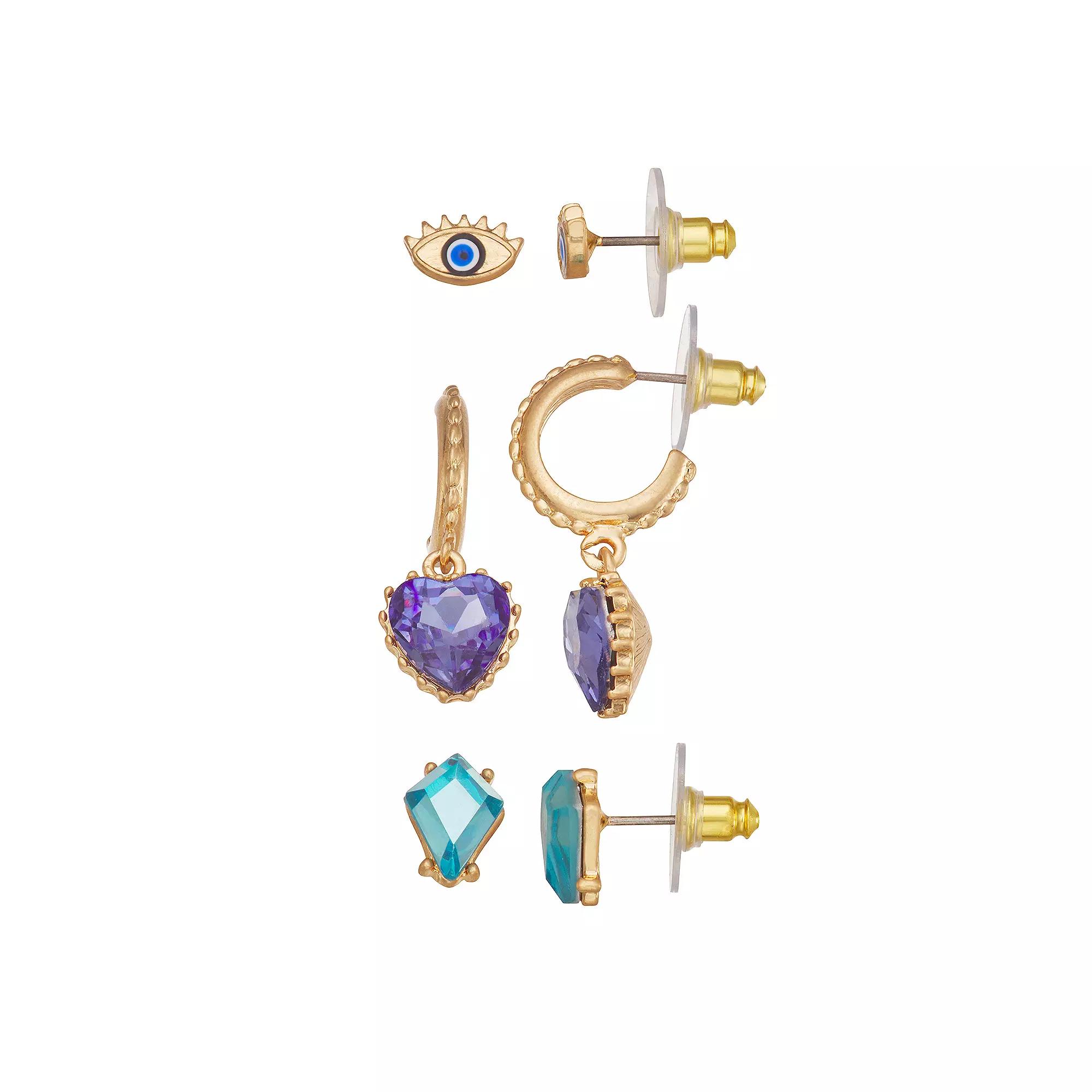 Simply Vera Vera Wang Gold Tone Heart Stud Earrings Trio Set, Women's, Blue Product Image