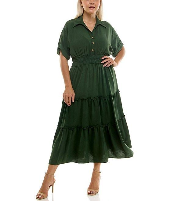 Moda Tara Plus Size Button Front Tiered Midi Shirt Dress Product Image