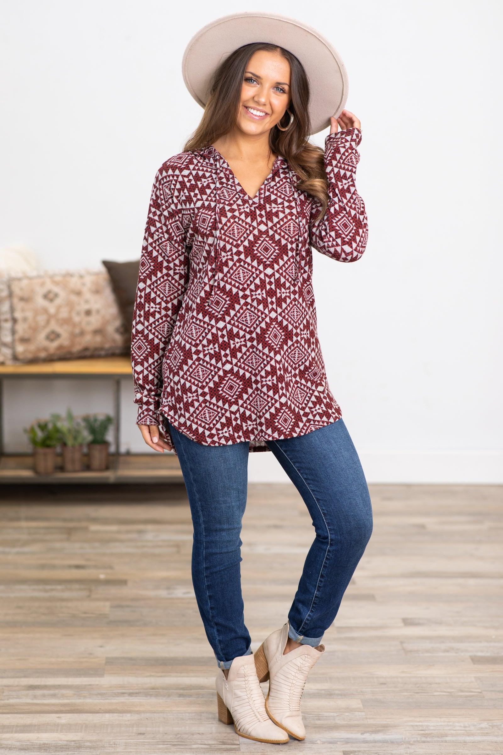 Burgundy Aztec Print V-Neck Top Product Image