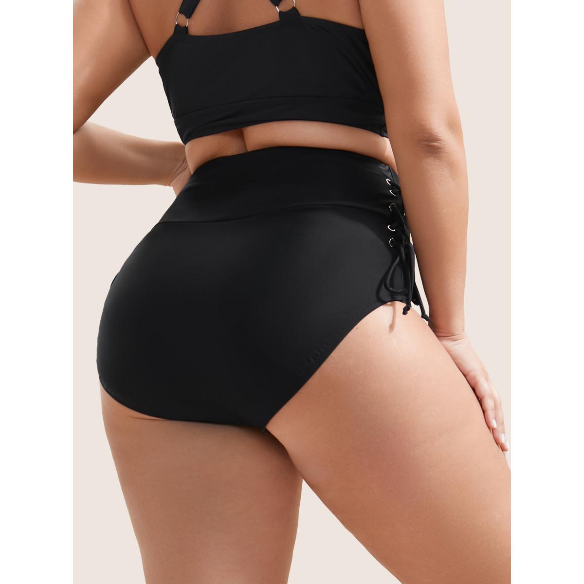 Plus Size Plain Lace Up Side Skinny Swim Bottom Women's Swimwear Black Beach Non High stretch Skinny High Rise Curve Swim Bottoms BloomChic 12/L Product Image