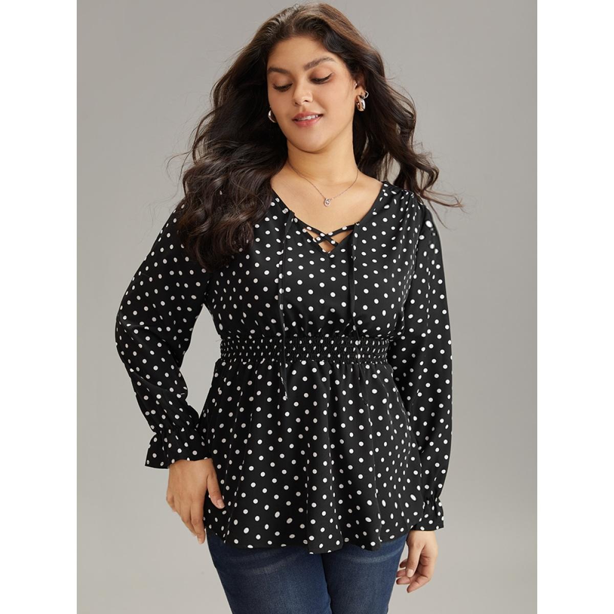 Plus Size Black Polka Dot Lace Up Shirred Flutters Blouse Women Office Long Sleeve V-neck Office Blouses BloomChic 22-24/3X Product Image