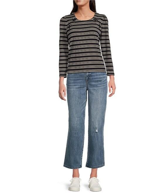 Democracy Knit Stripe Lace up Yoke Detail Scoop Neck 3/4 Sleeve Top Product Image