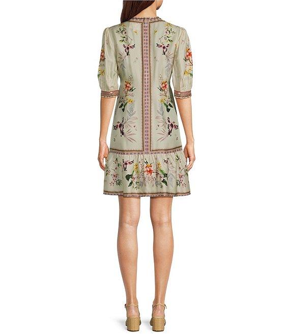 JOHNNY WAS Loren Floral Border Print Silk-Blend V-Neck Elbow Sleeve A-Line Dress Product Image