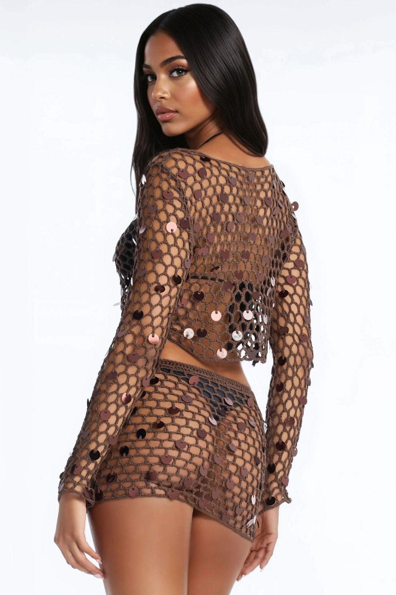 Lola Embellished Crochet Swim Cover Up Skirt Set - Chocolate Female Product Image