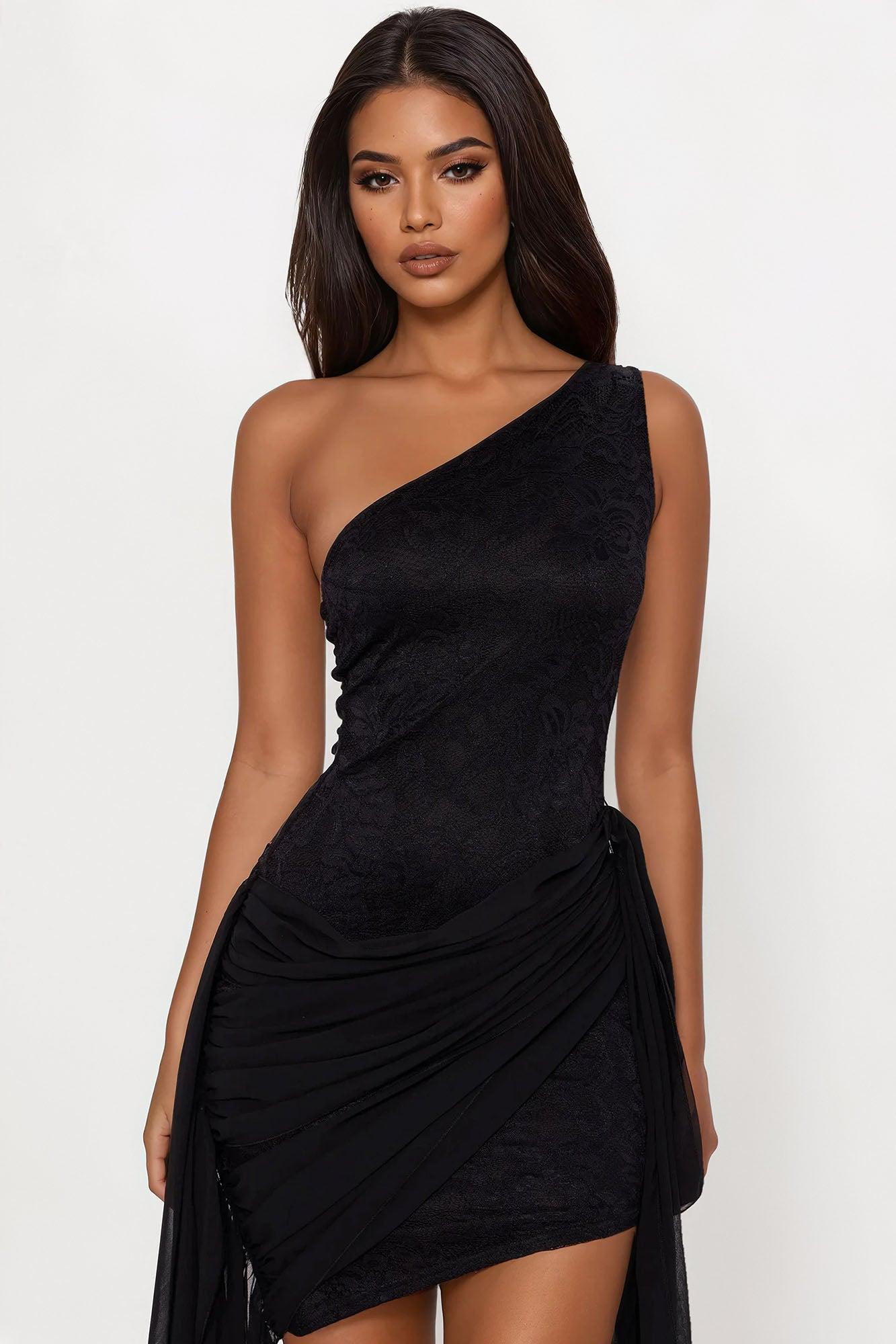 Valia Lace Draped Mini Dress - Black Female Product Image