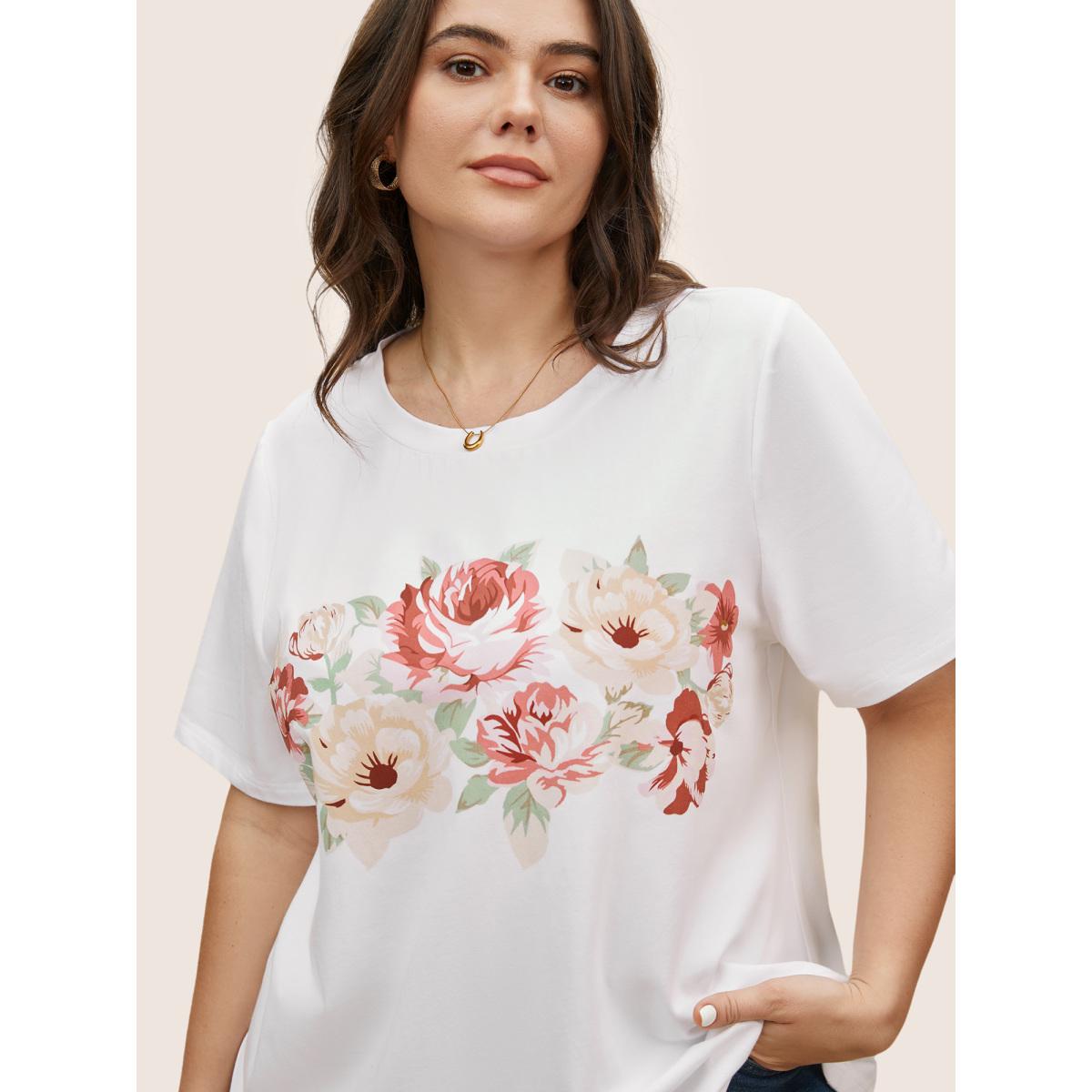 Plus Size Natural Flowers Print Crew Neck T-shirt Originalwhite Women Elegant Contrast Natural Flowers Round Neck Everyday T-shirts BloomChic 10/M Product Image