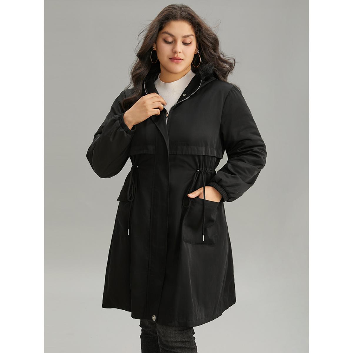 Plus Size Solid Hooded Drawstring Zipper Fuzzy Trim Coat Women Black Casual Plain Ladies Dailywear Winter Coats BloomChic 18-20/2X Product Image
