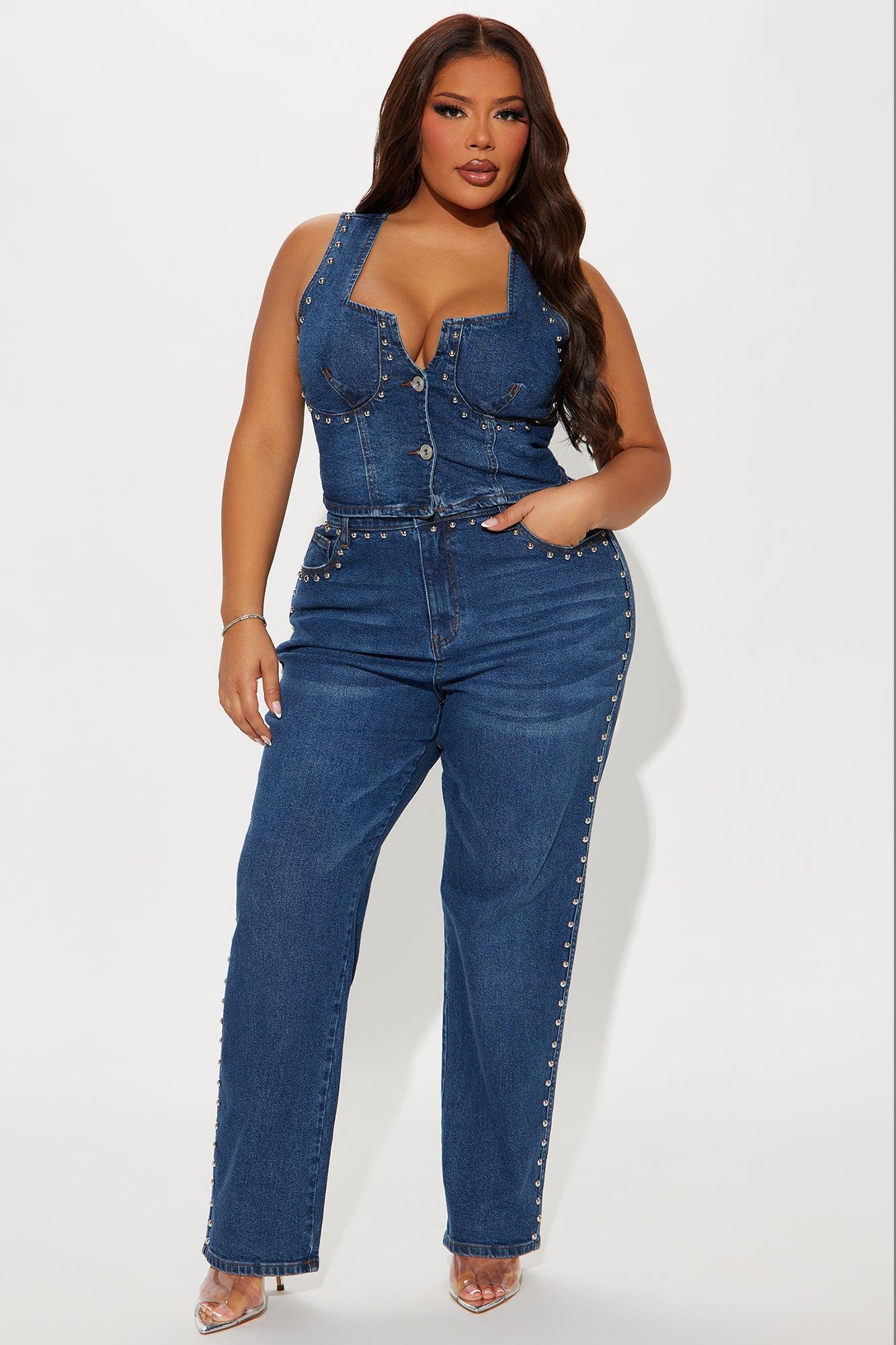 For Keeps Studded Straight Leg Jeans - Medium Wash Product Image