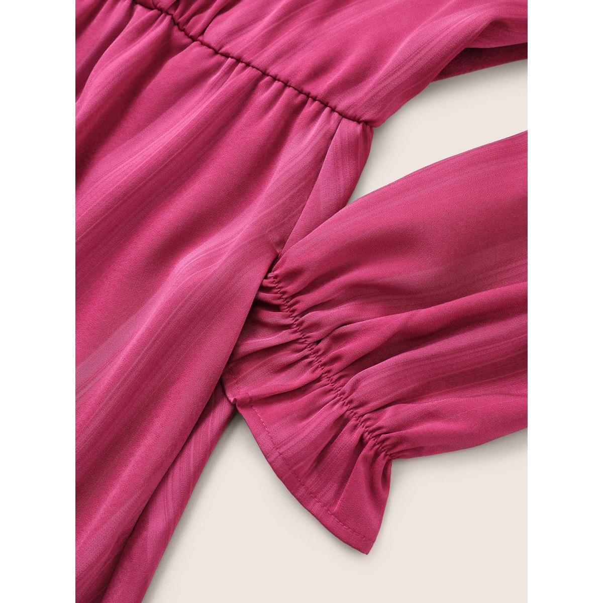 Plus Size Striped Elastic Waist Wrap Belted Gathered Dress RedViolet Women Elegant Non Overlap Collar Long Sleeve Curvy Midi Dress BloomChic 12/L Product Image